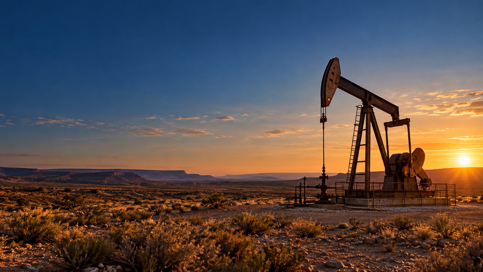Concept photograph of a West Texas oilfield at golden hour