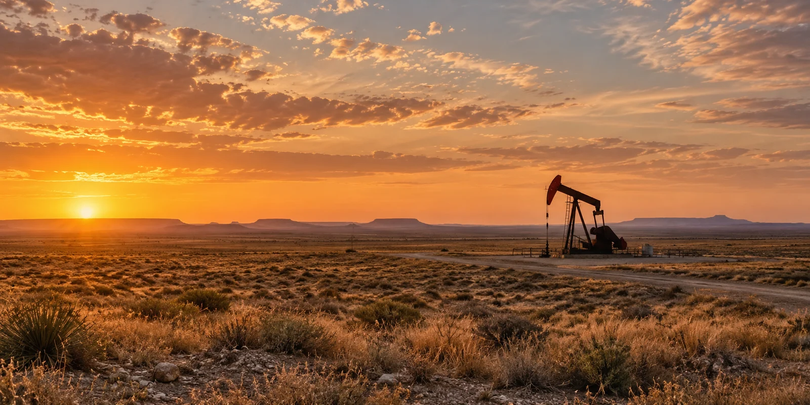 Concept landscape of a West Texas pumpjack at sunset